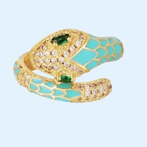 Gold Tone Turquoise Enamel Serpent Ring
